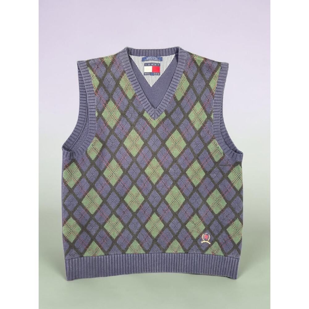 Tommy Hilfiger Argyle Sweater Vest Knit Casual Preppy Old Money Blue Green Large